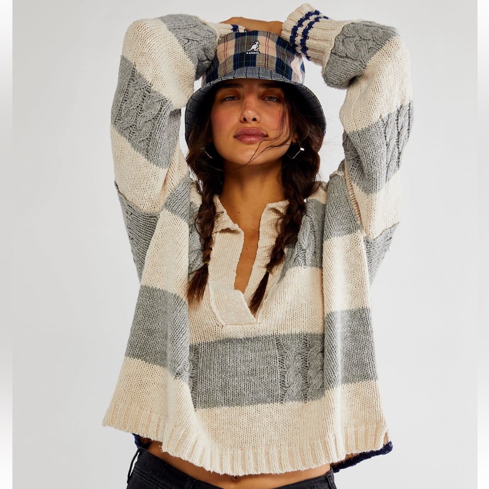 FREE PEOPLE | Pembroke Striped Gray and Cream  Women's Sweater S
